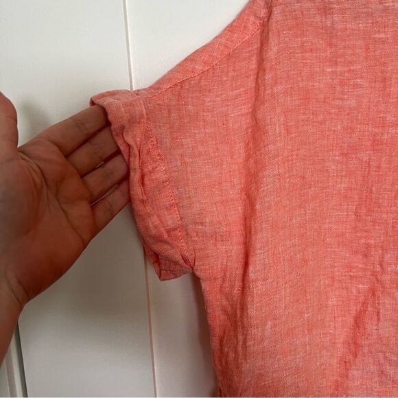 Rachel Roy Shirt Top Womens Sz M Salmon Linen Button Up Short Sleeve Rolled Cuff - Picture 5 of 12